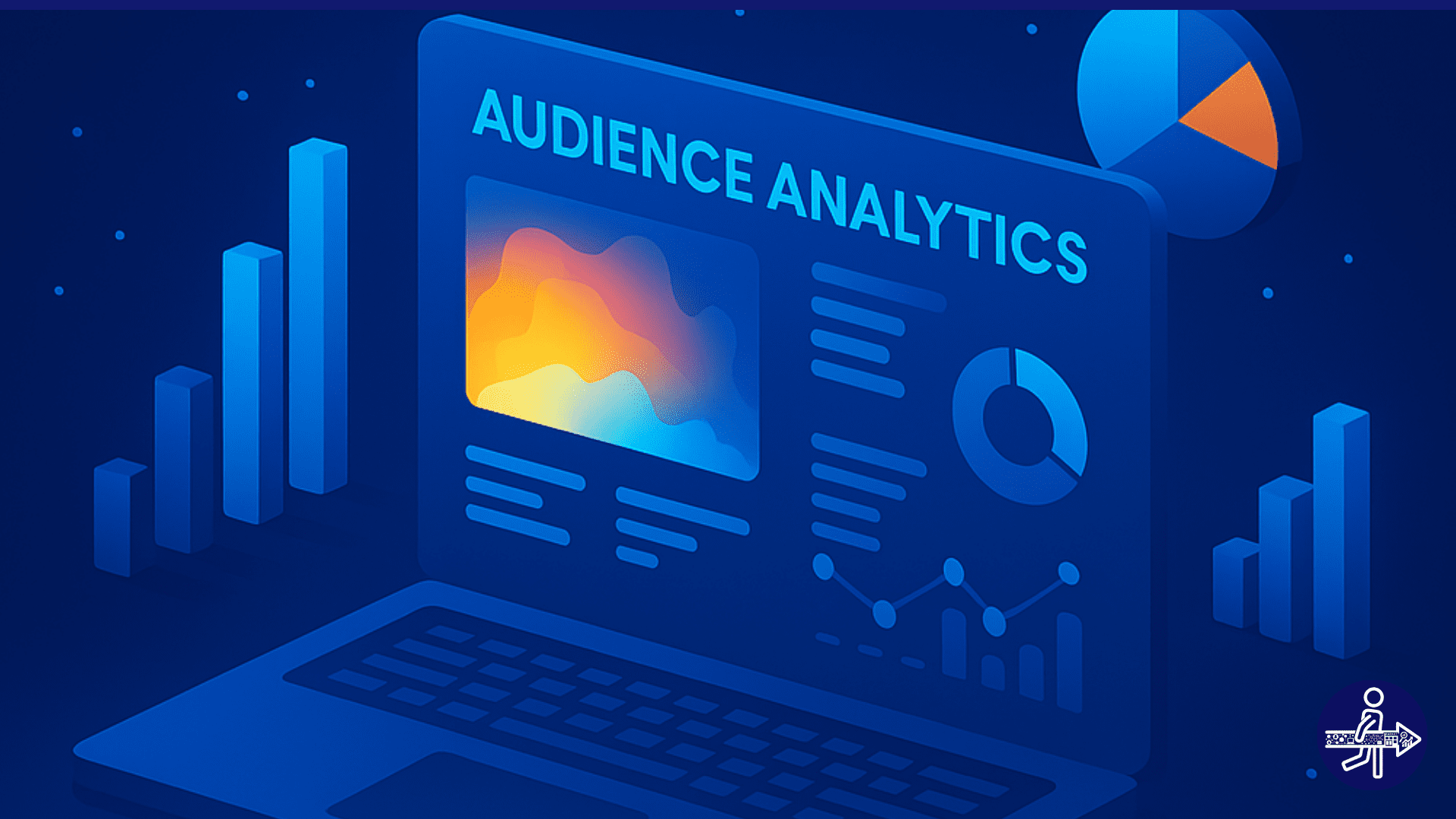 Isometric graphic of a laptop displaying audience analytics data with charts and colorful visuals.