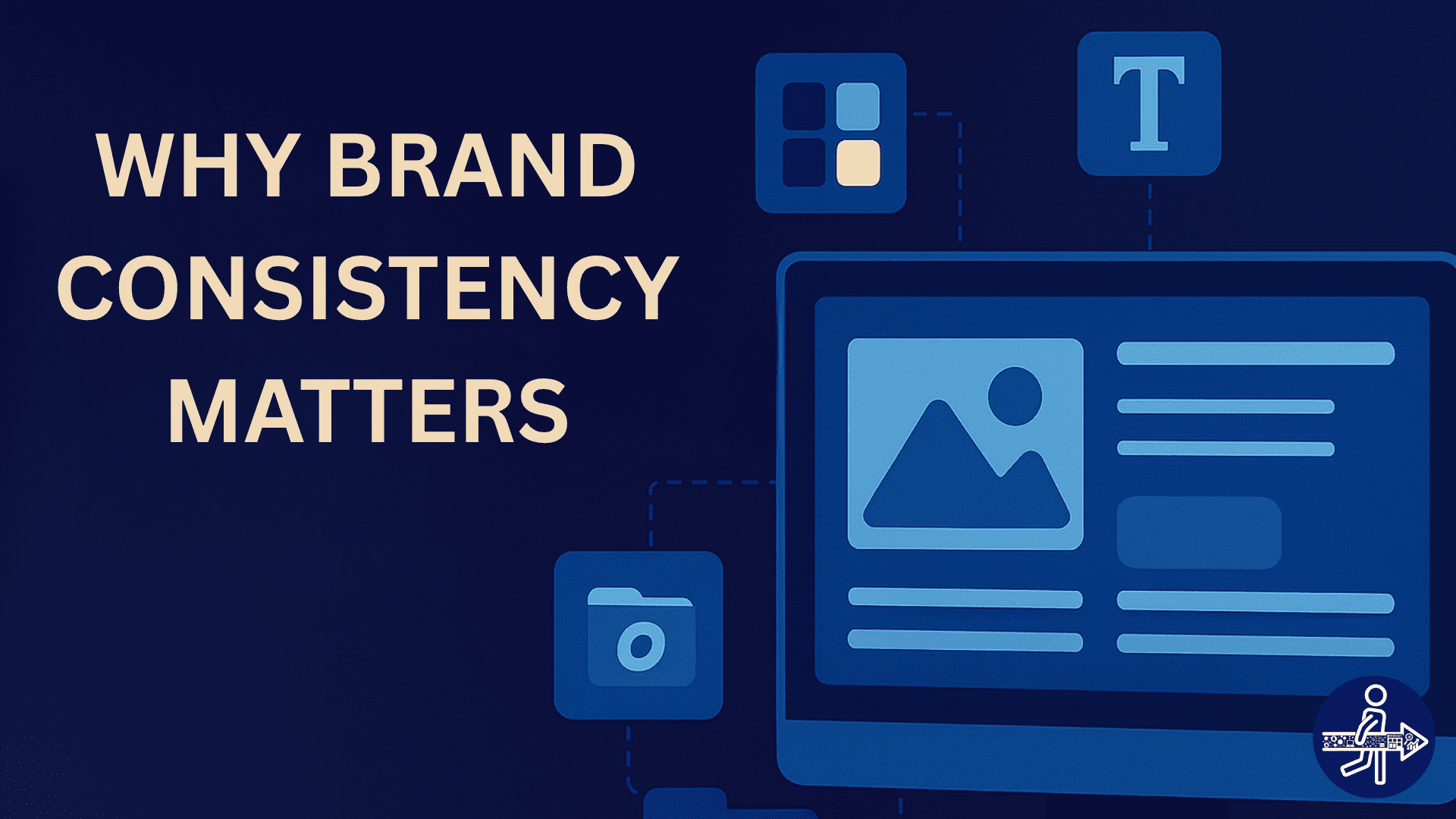 2D digital graphic design featuring bold uppercase typography stating 'Why Brand Consistently Matters'' next to a desktop monitor displaying web elements like text, images, and charts, symbolizing automated brand strategy and digital identity.