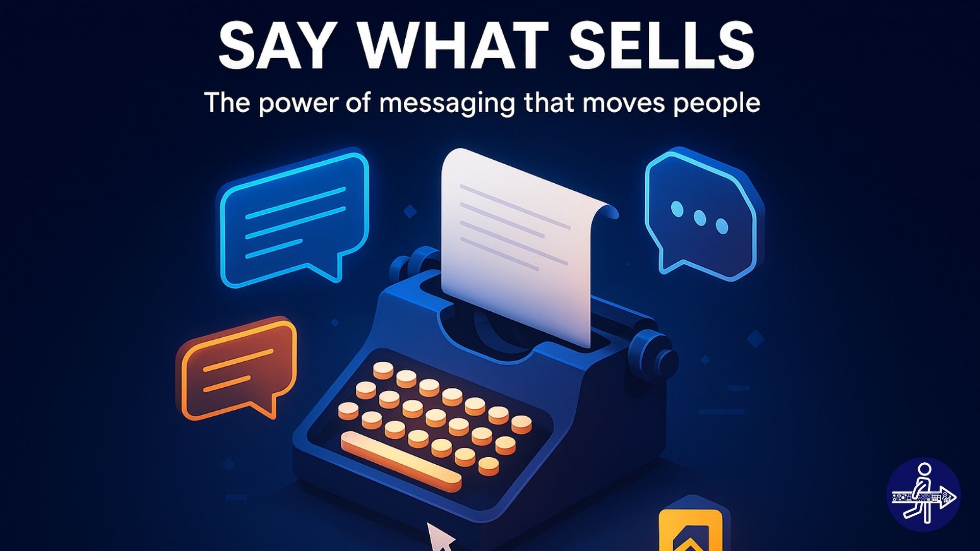 Typewriter with speech bubbles around it, symbolizing impactful messaging and persuasive copywriting.